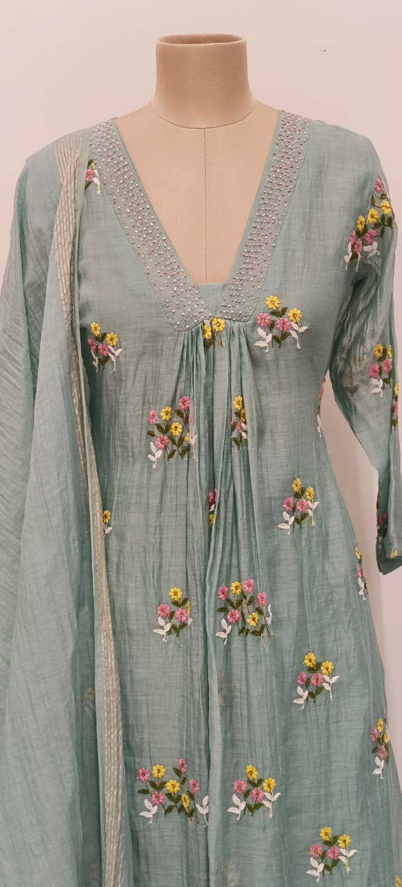 Graceful Floral Thread Embroidery V-Neck Stone Touch A-Line Full Suit Set With Dupatta In Mul Chanderi Fabric- 11833