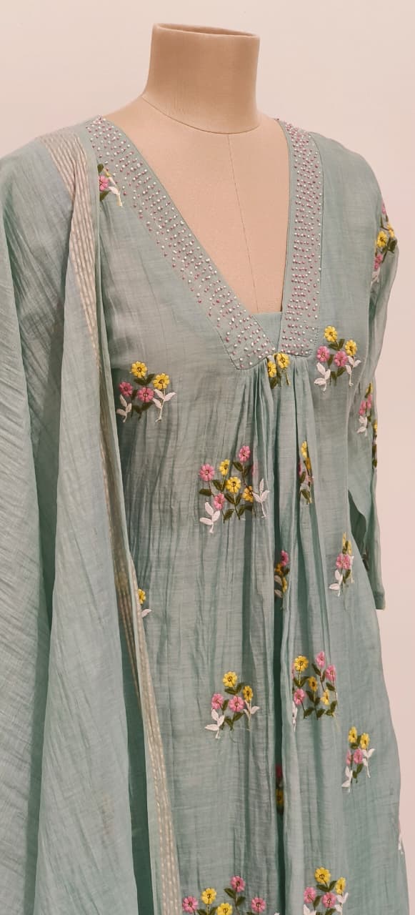 Graceful Floral Thread Embroidery V-Neck Stone Touch A-Line Full Suit Set With Dupatta In Mul Chanderi Fabric- 11833