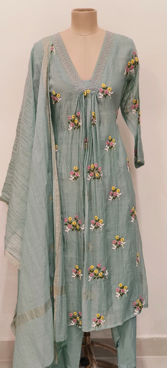 Graceful Floral Thread Embroidery V-Neck Stone Touch A-Line Full Suit Set With Dupatta In Mul Chanderi Fabric- 11833