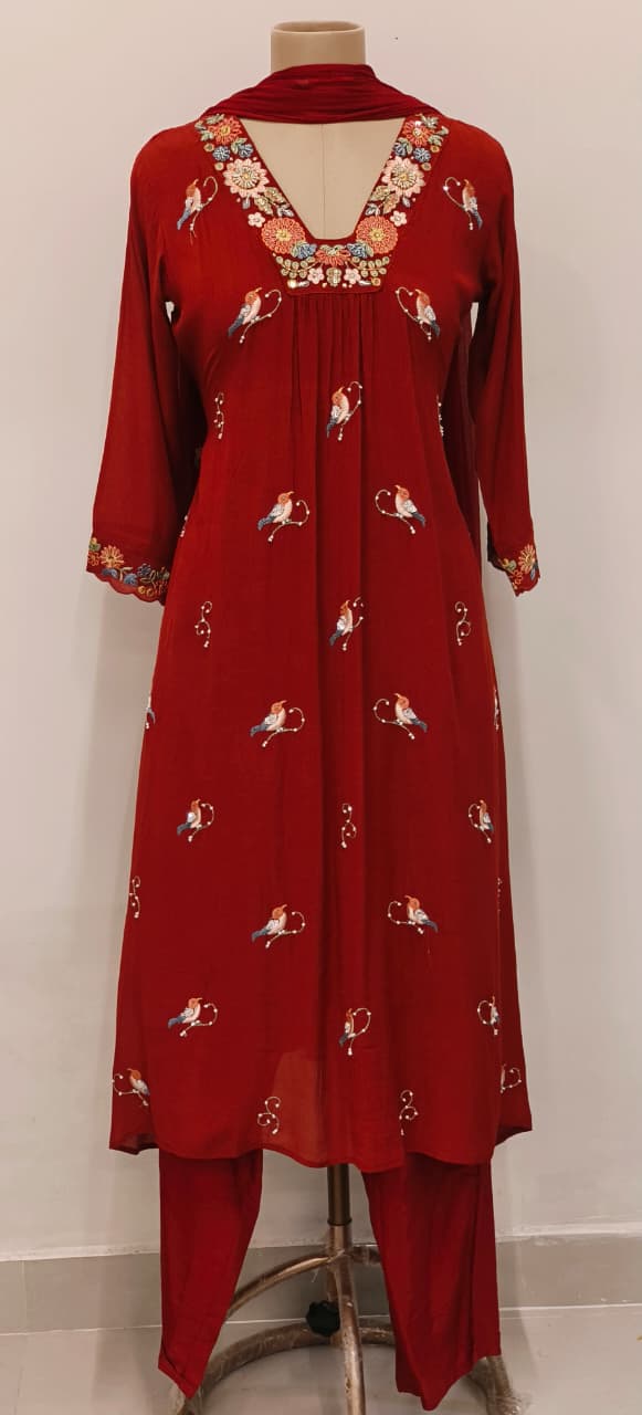 Crush Cotton Fabric Long Kurta With Thread Embroidery, Floral Yoke Design and Bird Patterns Full Set- 11471, 11470