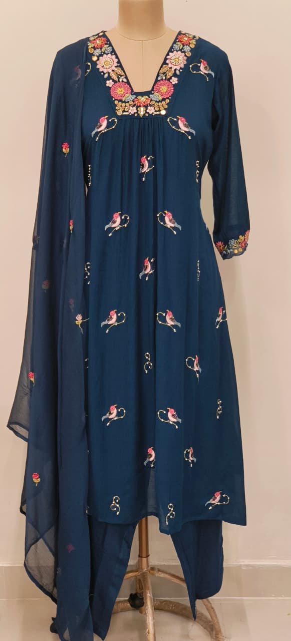 Crush Cotton Fabric Long Kurta With Thread Embroidery, Floral Yoke Design and Bird Patterns Full Set- 11471, 11470