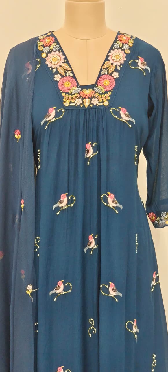Crush Cotton Fabric Long Kurta With Thread Embroidery, Floral Yoke Design and Bird Patterns Full Set- 11471, 11470
