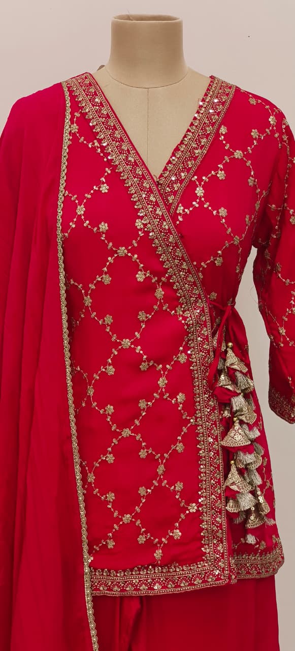 Embroidered Chinon Fabric Angrakha Style Top With Loose Bottom Kurta Set With Tassel Detailing Full Suit Set-12133,34,35