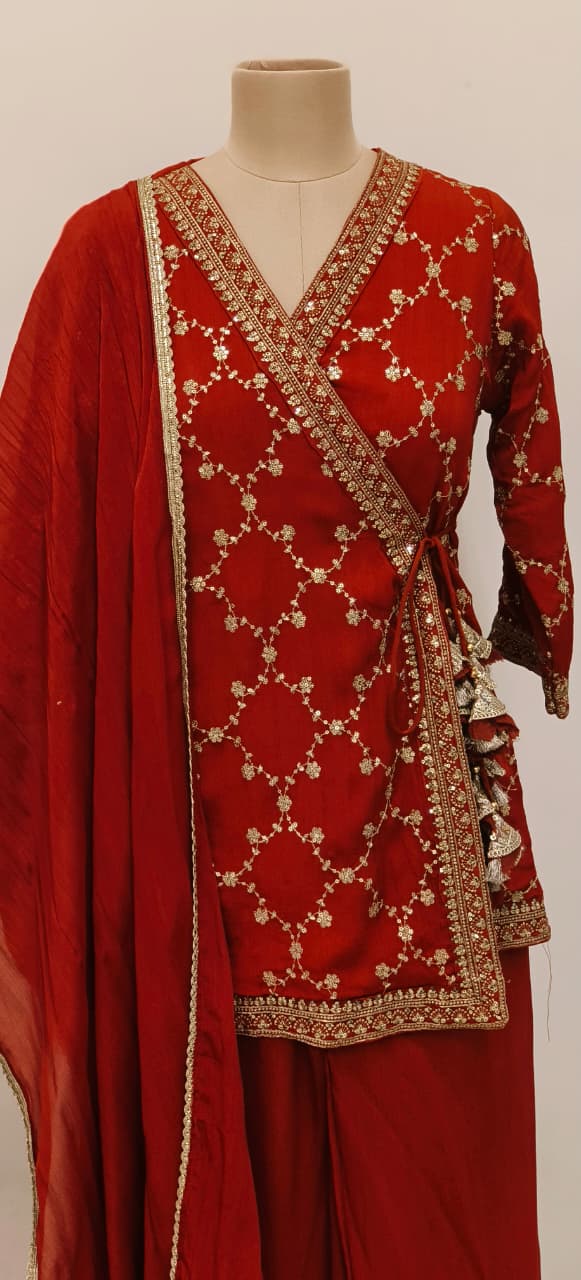 Embroidered Chinon Fabric Angrakha Style Top With Loose Bottom Kurta Set With Tassel Detailing Full Suit Set-12133,34,35