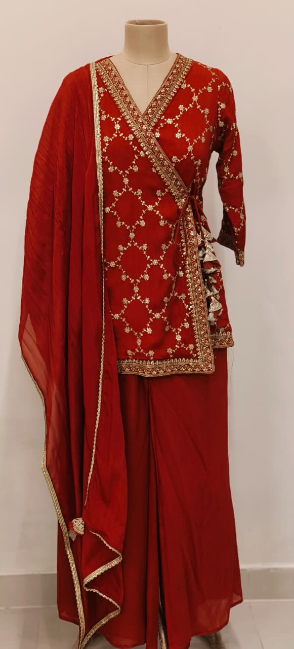 Embroidered Chinon Fabric Angrakha Style Top With Loose Bottom Kurta Set With Tassel Detailing Full Suit Set-12133,34,35