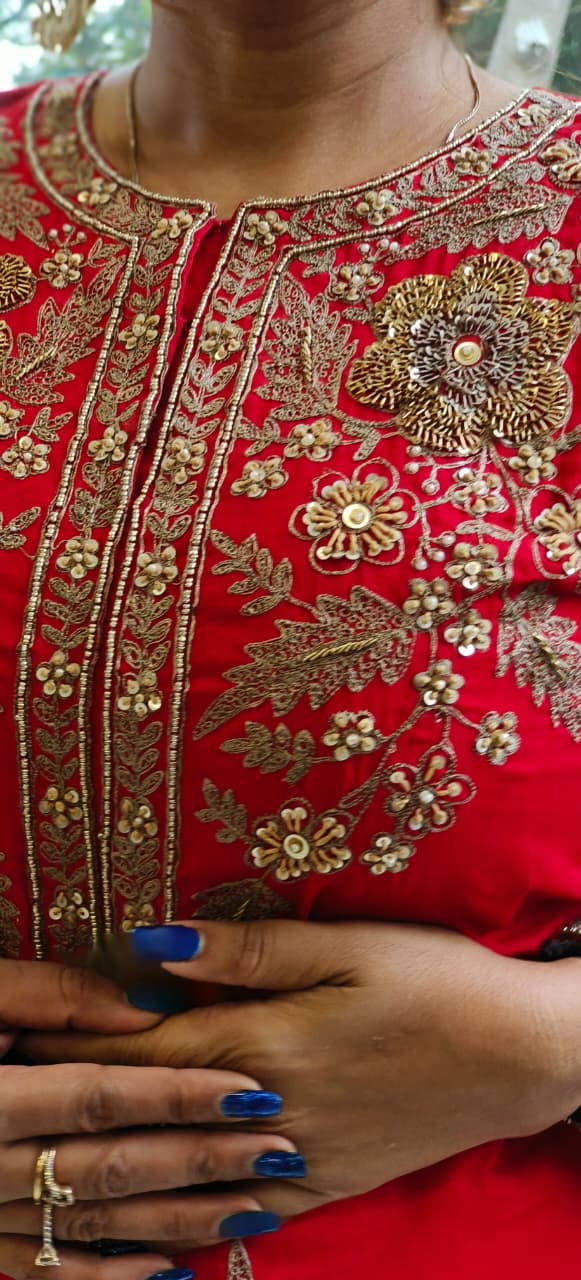 Front Slit Grand Work Short Length Kurta With Designer Harem Bottom- 12147