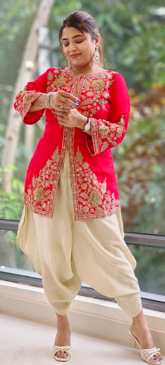 Front Slit Grand Work Short Length Kurta With Designer Harem Bottom- 12147