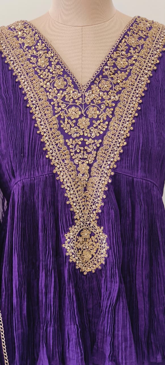 Very Stylish Zari Coiled V-Designed A-Line Short Kurta With Panel Palazzo Bottom & Dupatta In Crush Fabric- 12152