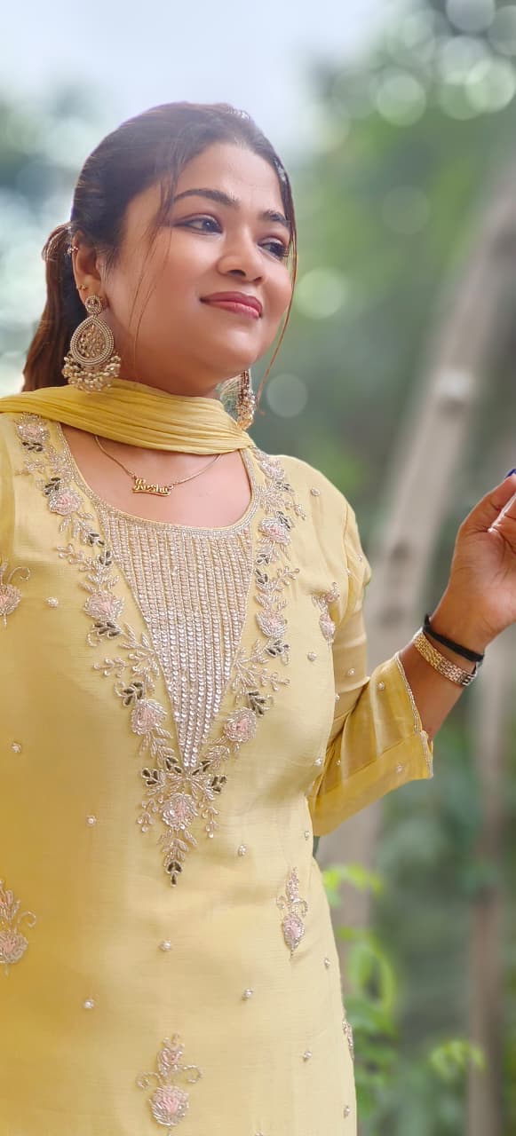 Designer Chinon Cut Dana Hand Embroidered Kurta With Matching Palazzo- 12122, 12121