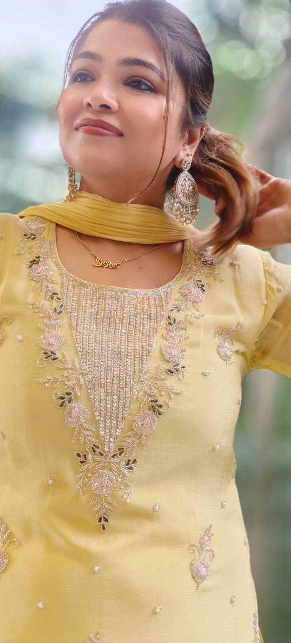 Designer Chinon Cut Dana Hand Embroidered Kurta With Matching Palazzo- 12122, 12121