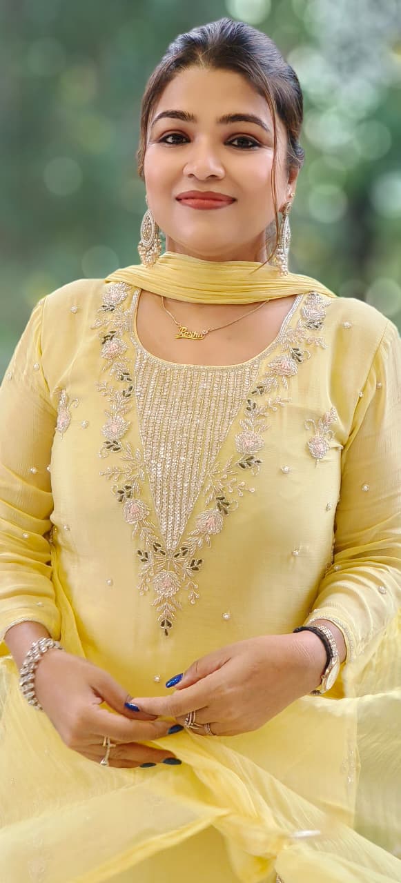 Designer Chinon Cut Dana Hand Embroidered Kurta With Matching Palazzo- 12122, 12121