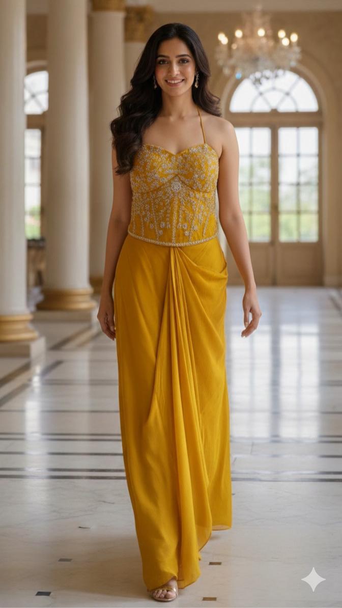 Elegant Mustard Indo-Western Co-ord Set with Sequined Jacket and Drape Skirt