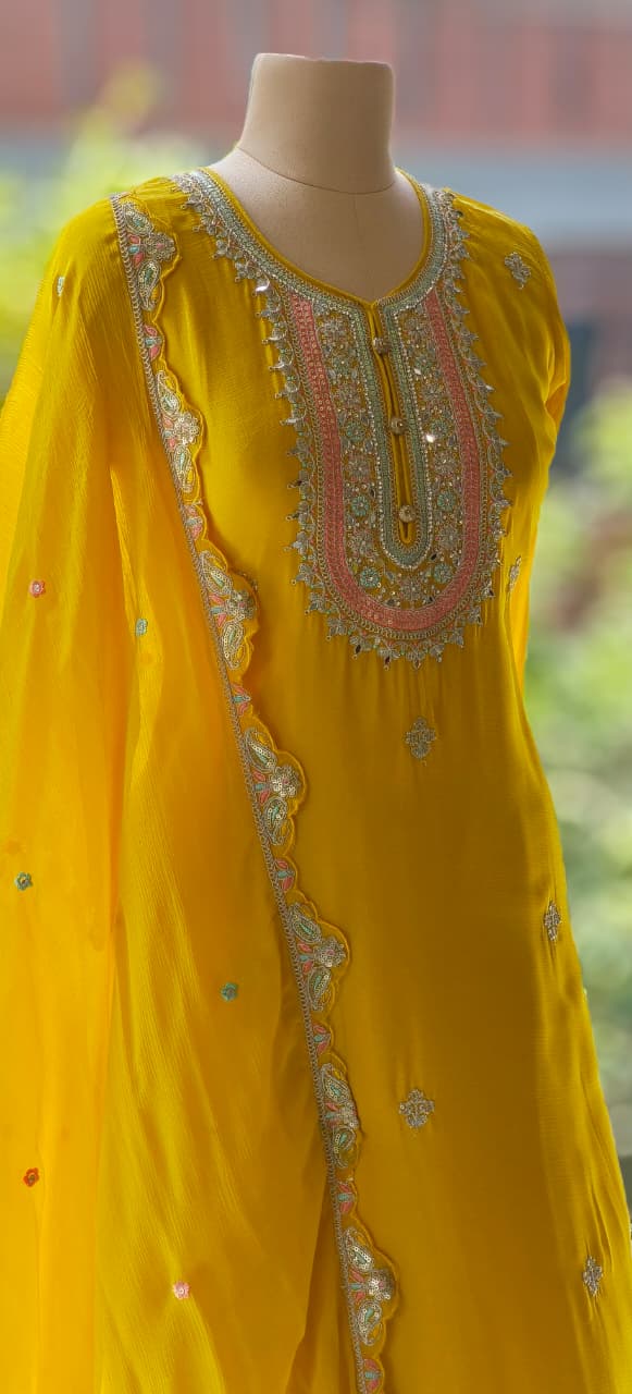 Sunshine Yellow Embroidered Kurta Set with Dupatta and Scalloped Hem Detailing