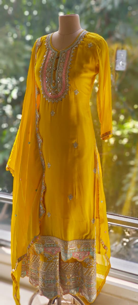 Sunshine Yellow Embroidered Kurta Set with Dupatta and Scalloped Hem Detailing