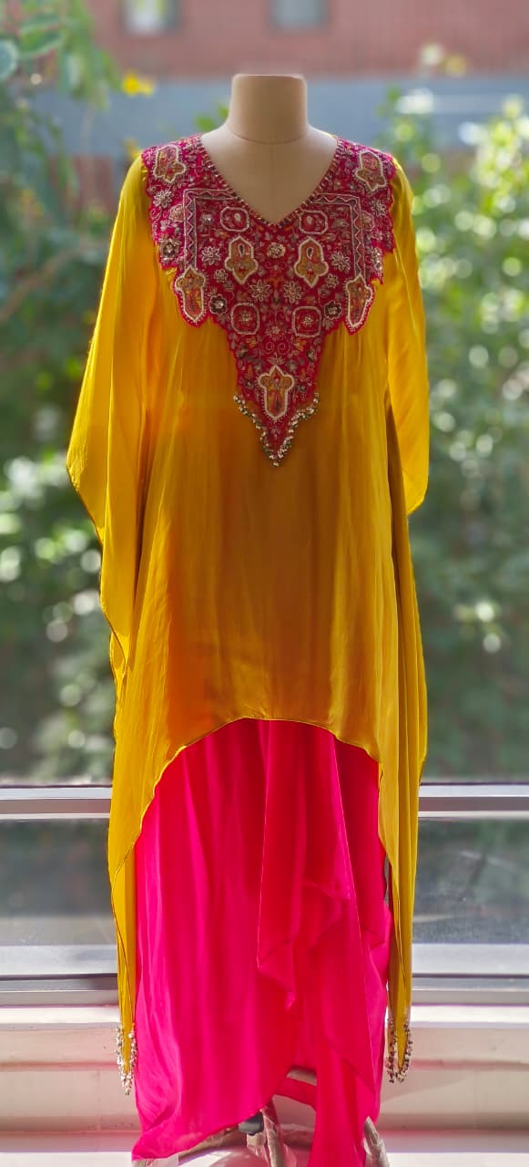 Contemporary Mustard Overlay Hi Low Kurta with Hot Pink Layered Palazzo Set And Inner