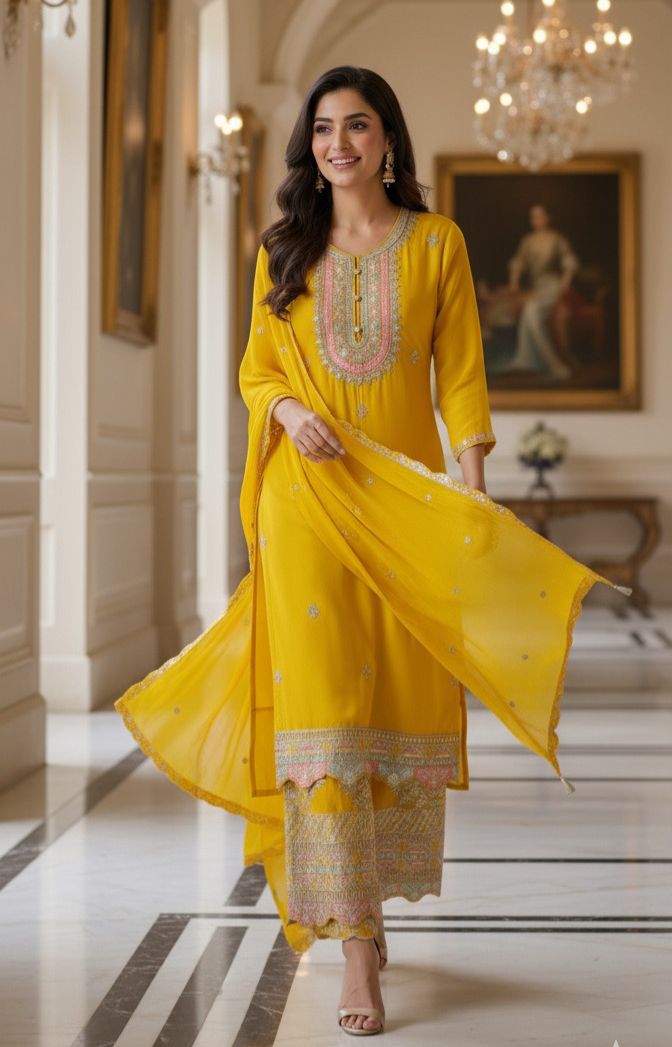 Sunshine Yellow Embroidered Kurta Set with Dupatta and Scalloped Hem Detailing