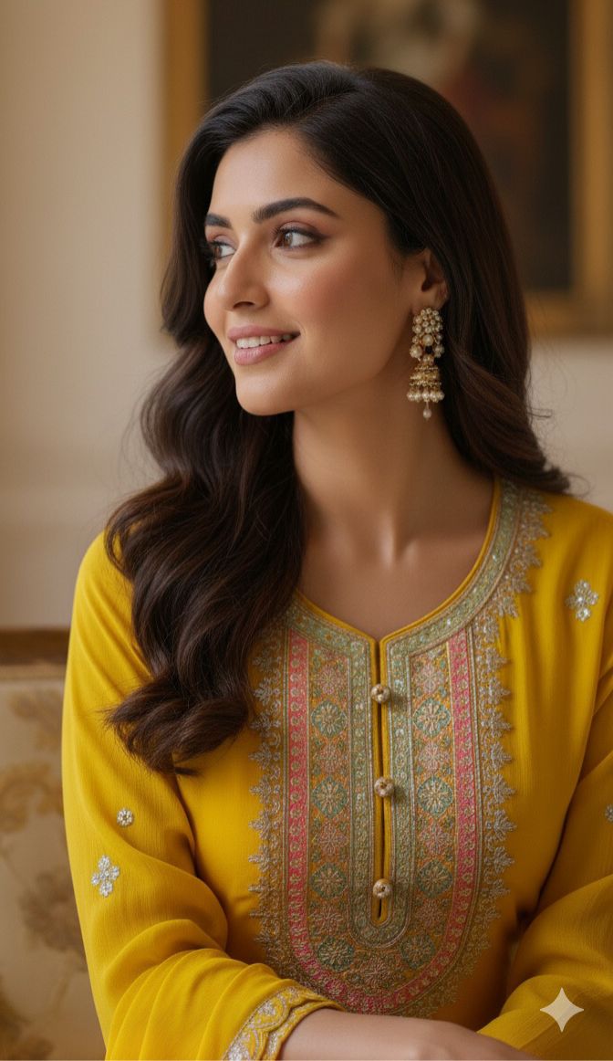 Sunshine Yellow Embroidered Kurta Set with Dupatta and Scalloped Hem Detailing