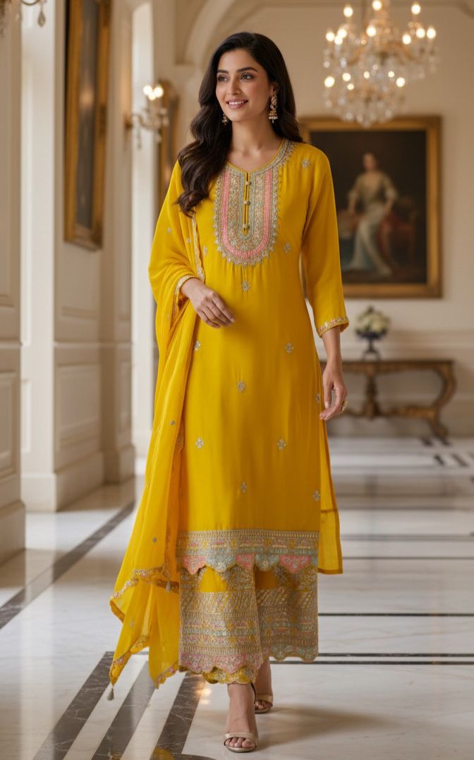 Sunshine Yellow Embroidered Kurta Set with Dupatta and Scalloped Hem Detailing