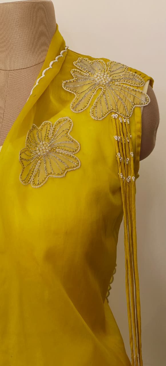 Stylish Designer Yellow Crop Top With Palazzo And Jacket Set with Handcrafted Embroidery and Tassel Finish