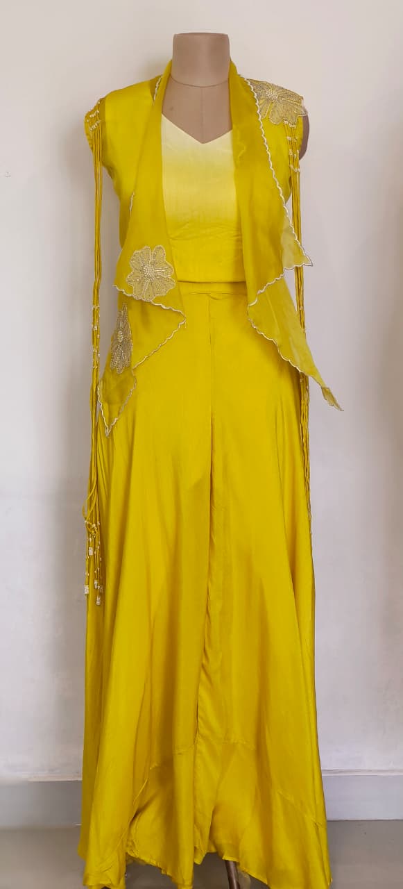 Stylish Designer Yellow Crop Top With Palazzo And Jacket Set with Handcrafted Embroidery and Tassel Finish