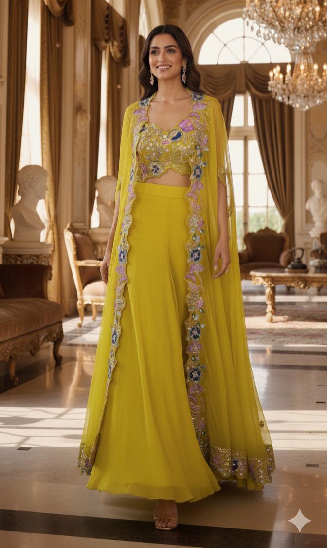 Designer Lime Yellow Indo-Western Crop top With Palazzo And Shrug Style Set with Hand Embroidered