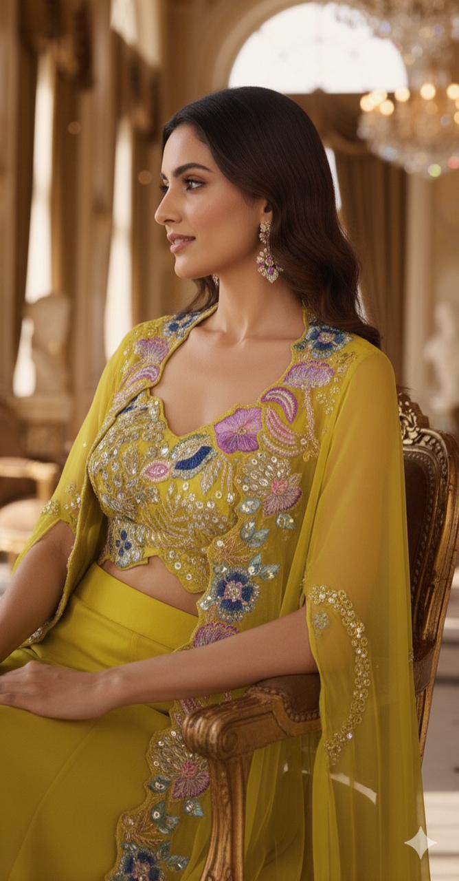 Designer Lime Yellow Indo-Western Crop top With Palazzo And Shrug Style Set with Hand Embroidered
