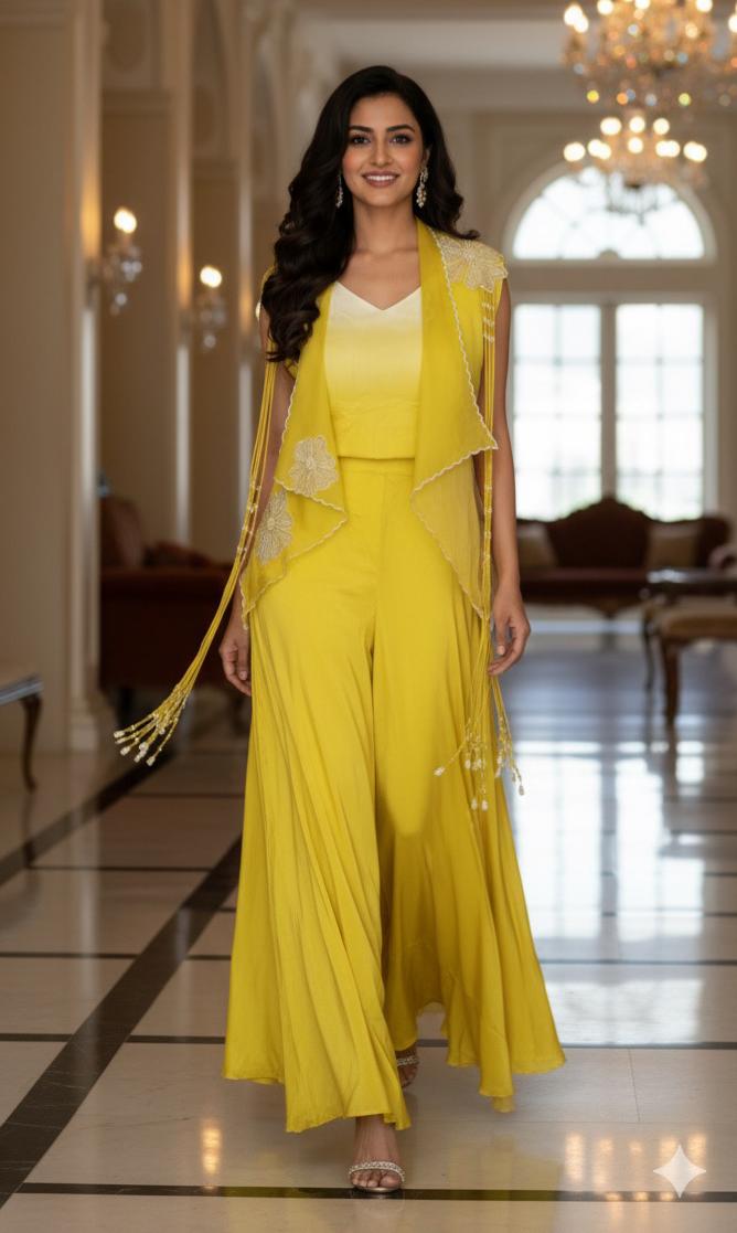 Stylish Designer Yellow Crop Top With Palazzo And Jacket Set with Handcrafted Embroidery and Tassel Finish