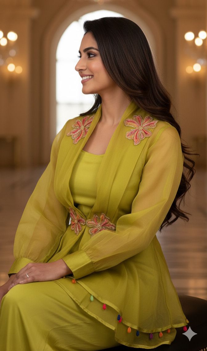 Contemporary Lime Green Peplum Kurta and Palazzo Set with Intricate Floral Work and Playful Tassel Highlights