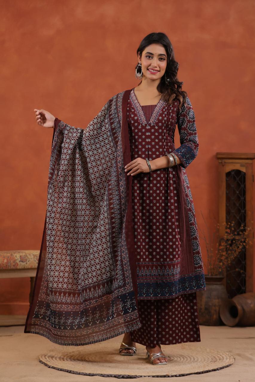 Elegant Ajrakh Print Anarkali Pure Cotton Suit Set with Dupatta-12231,12221