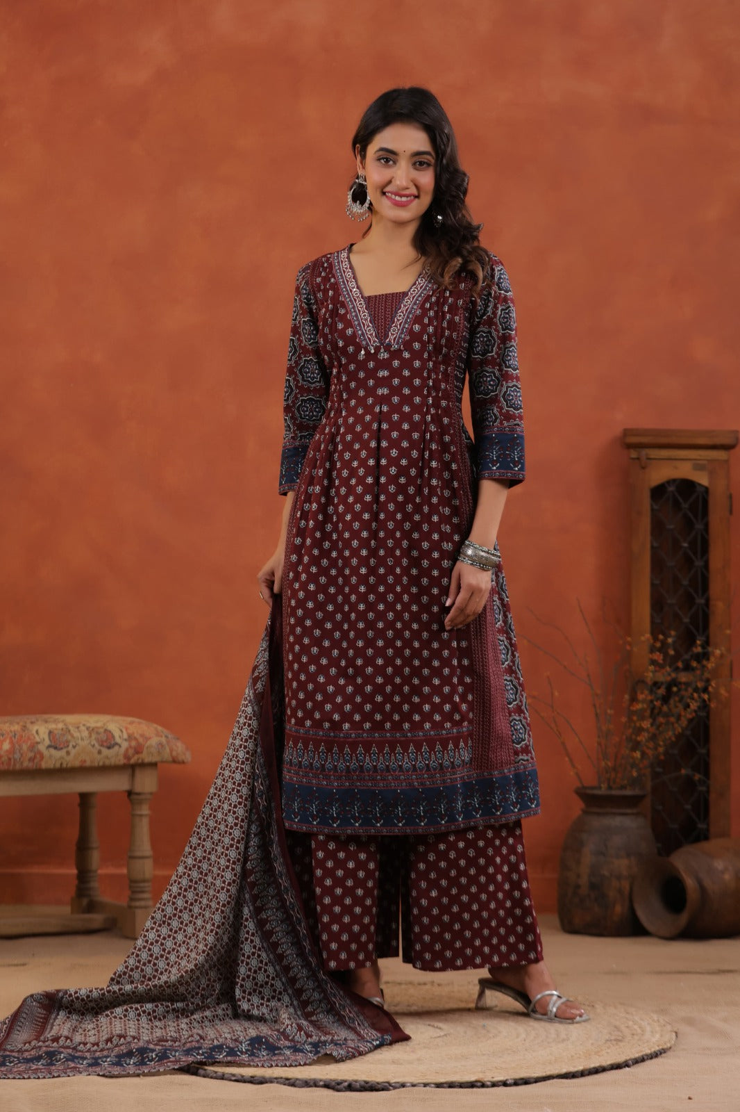 Elegant Ajrakh Print Anarkali Pure Cotton Suit Set with Dupatta-12231,12221