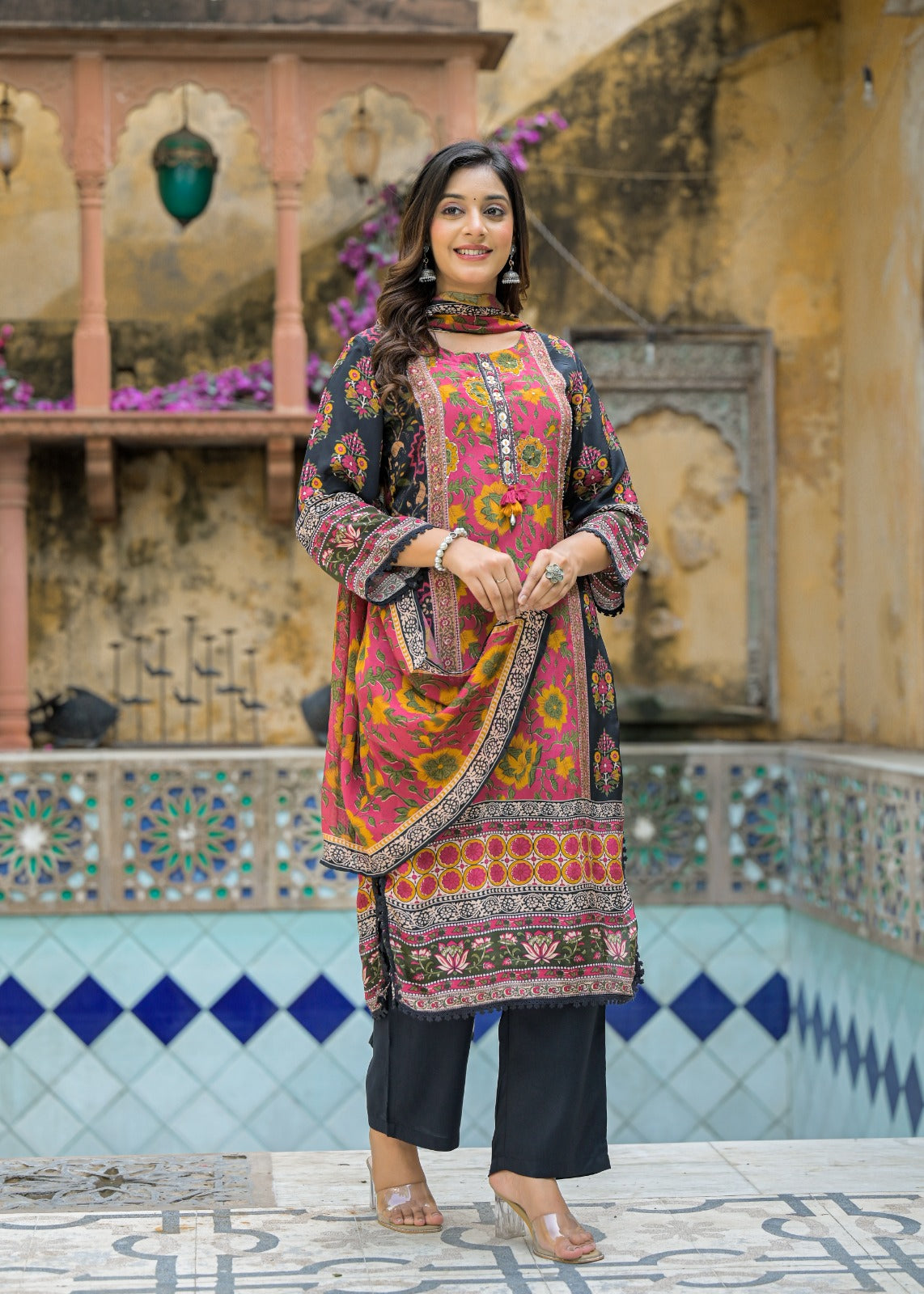 Elegant Floral and Geometric Printed Kurta Set with Matching Dupatta-12234