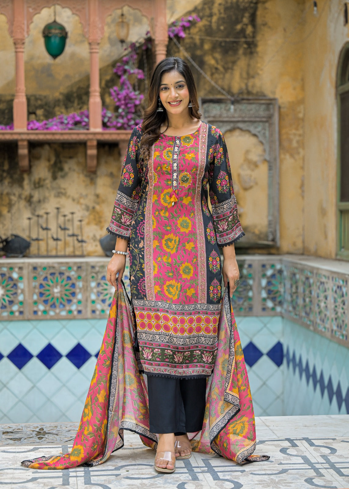 Elegant Floral and Geometric Printed Kurta Set with Matching Dupatta-12234