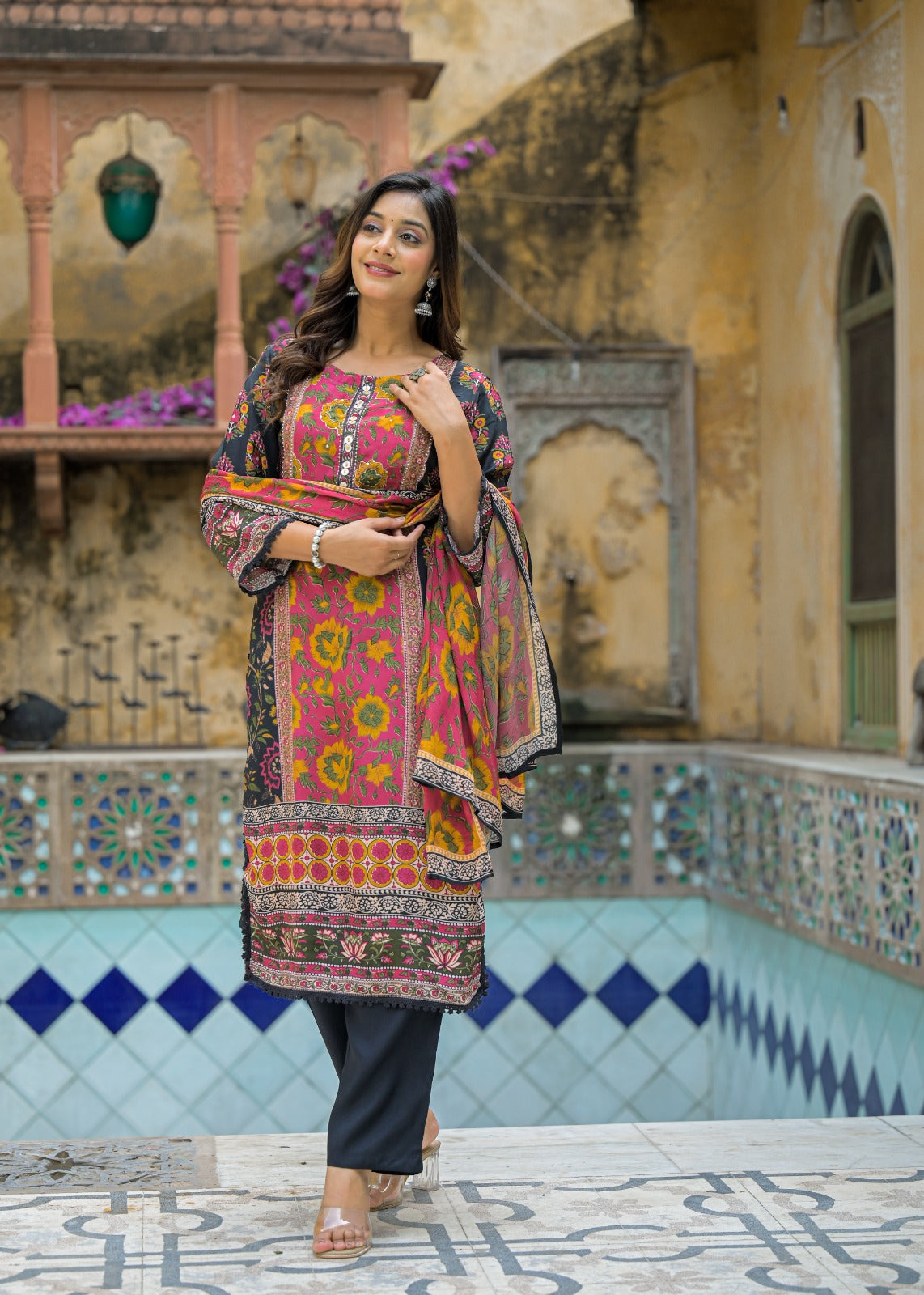 Elegant Floral and Geometric Printed Kurta Set with Matching Dupatta-12234