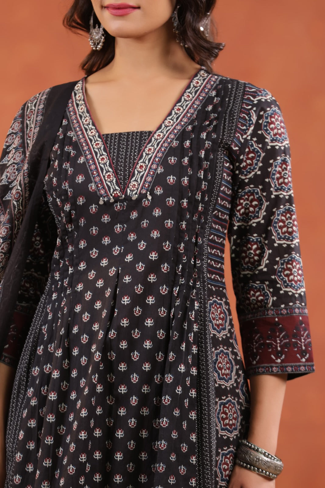 Elegant Ajrakh Print Anarkali Pure Cotton Suit Set with Dupatta-12231,12221