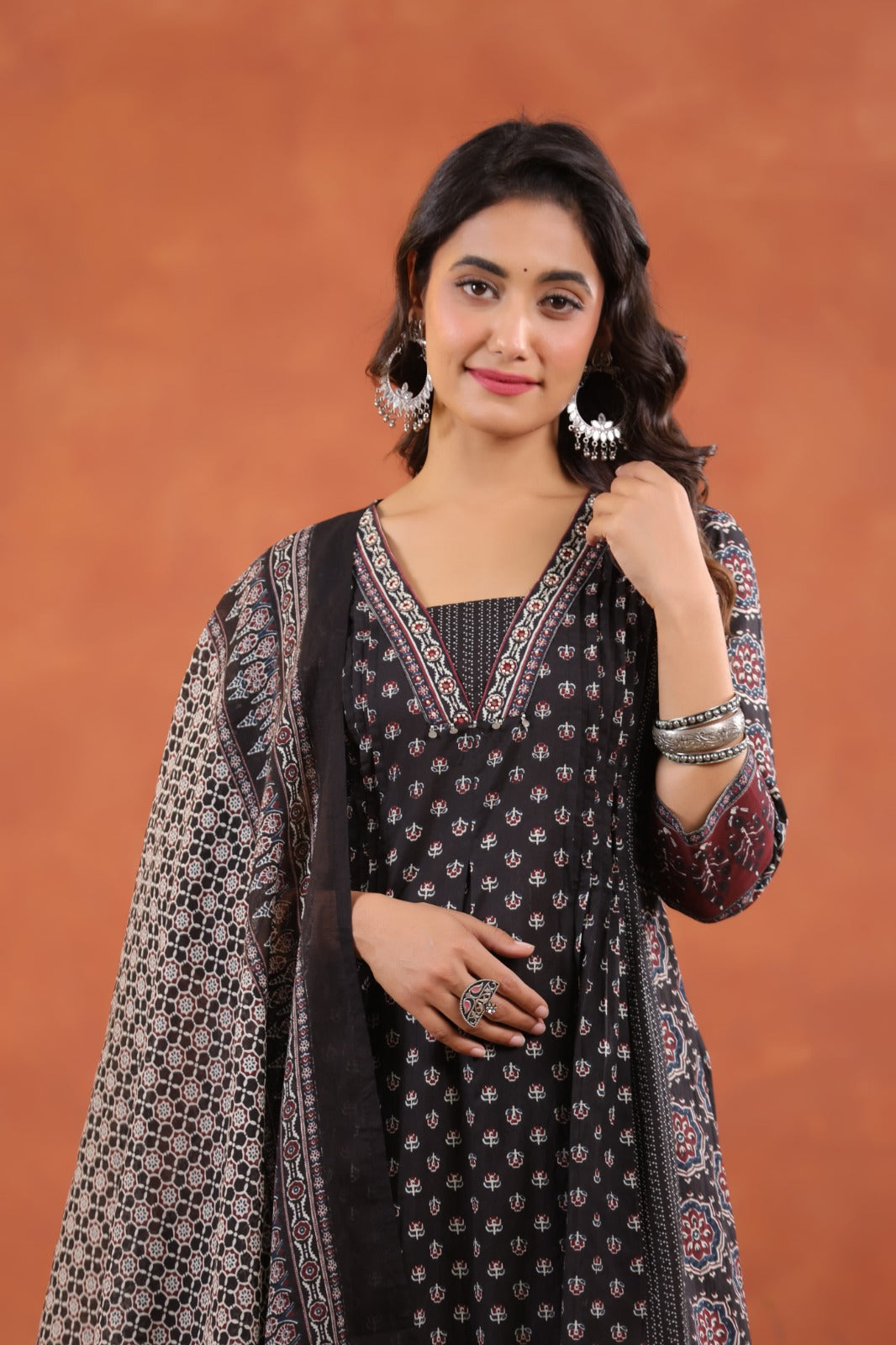 Elegant Ajrakh Print Anarkali Pure Cotton Suit Set with Dupatta-12231,12221