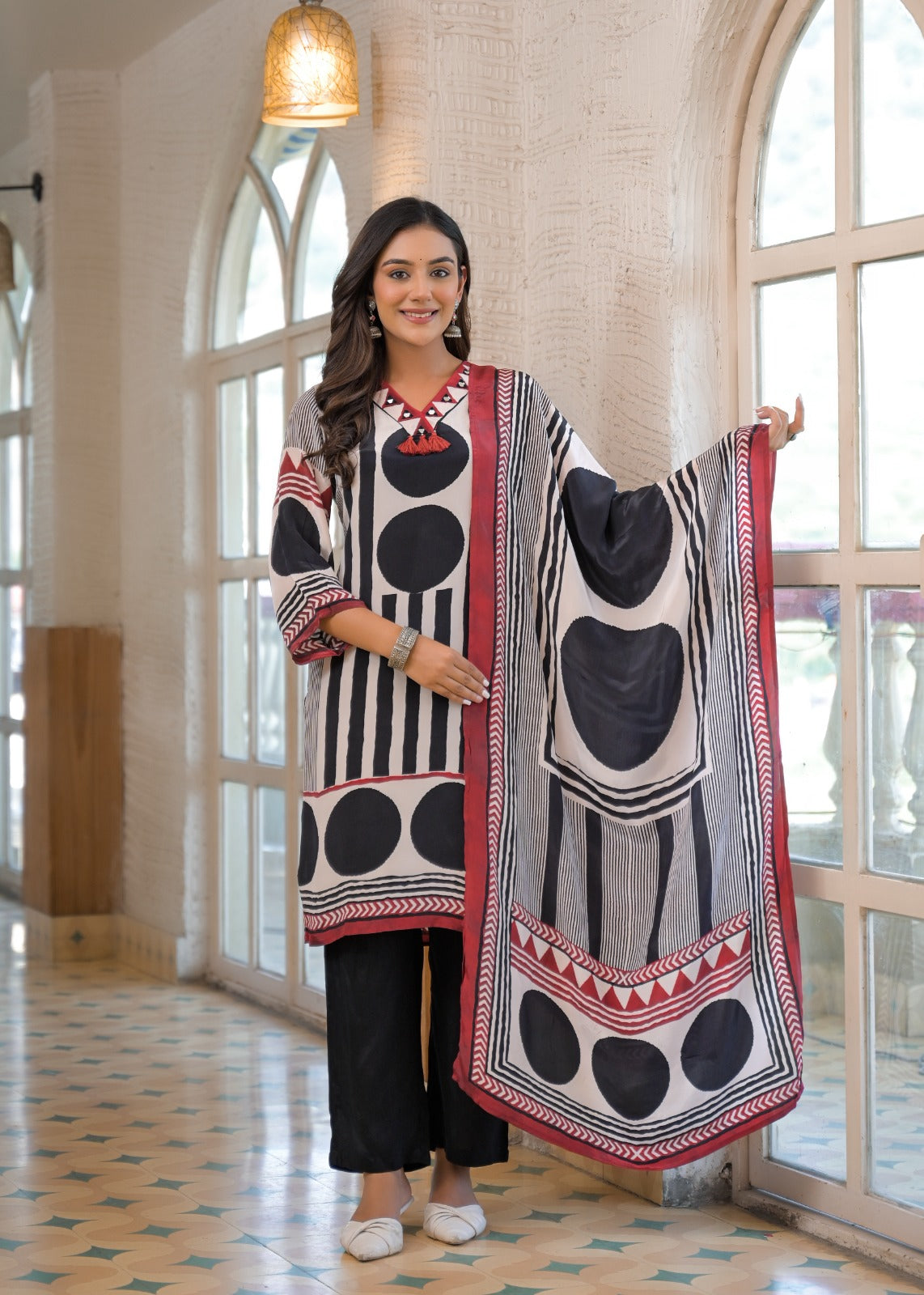Pure Crepe Black & White Geometric Print Suit Set with Red Detailing and Tassel Neckline-12227