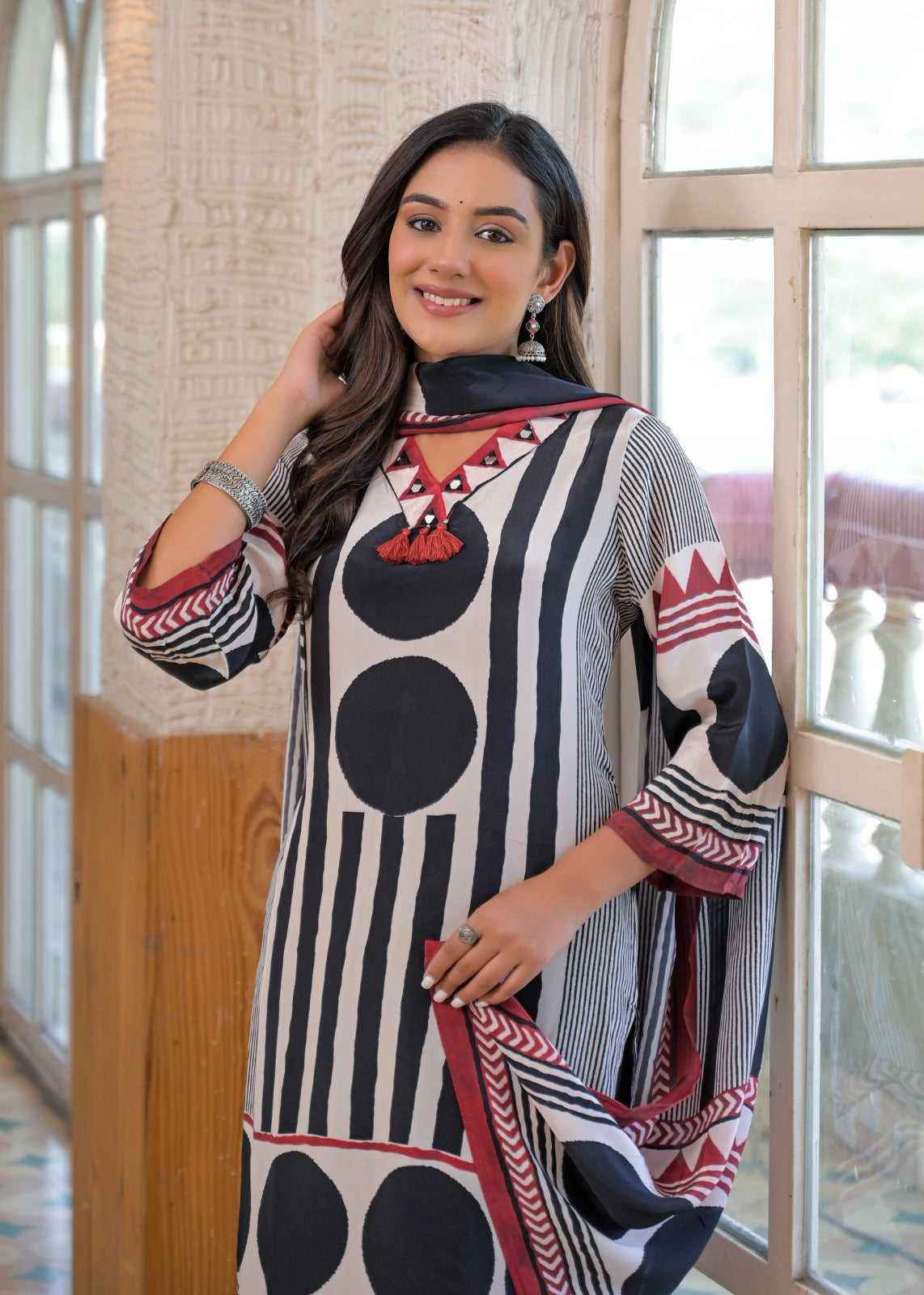 Pure Crepe Black & White Geometric Print Suit Set with Red Detailing and Tassel Neckline-12227