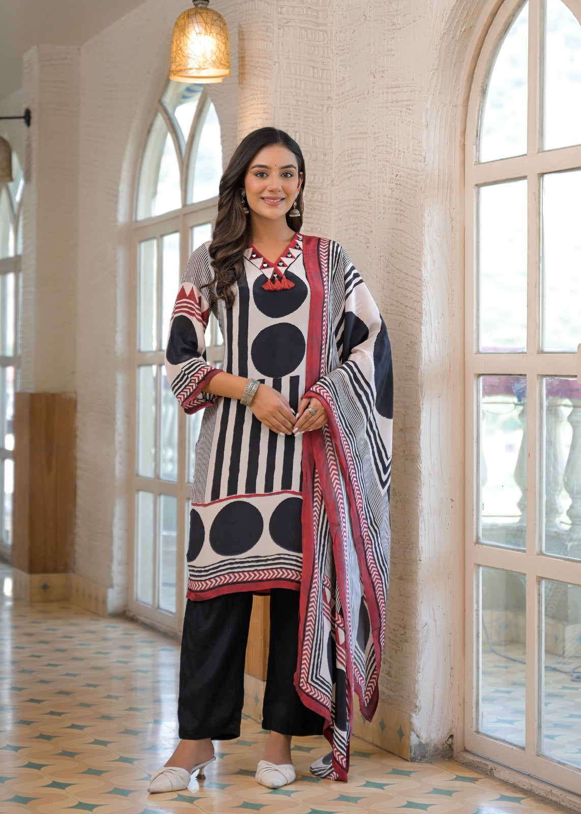 Pure Crepe Black & White Geometric Print Suit Set with Red Detailing and Tassel Neckline-12227