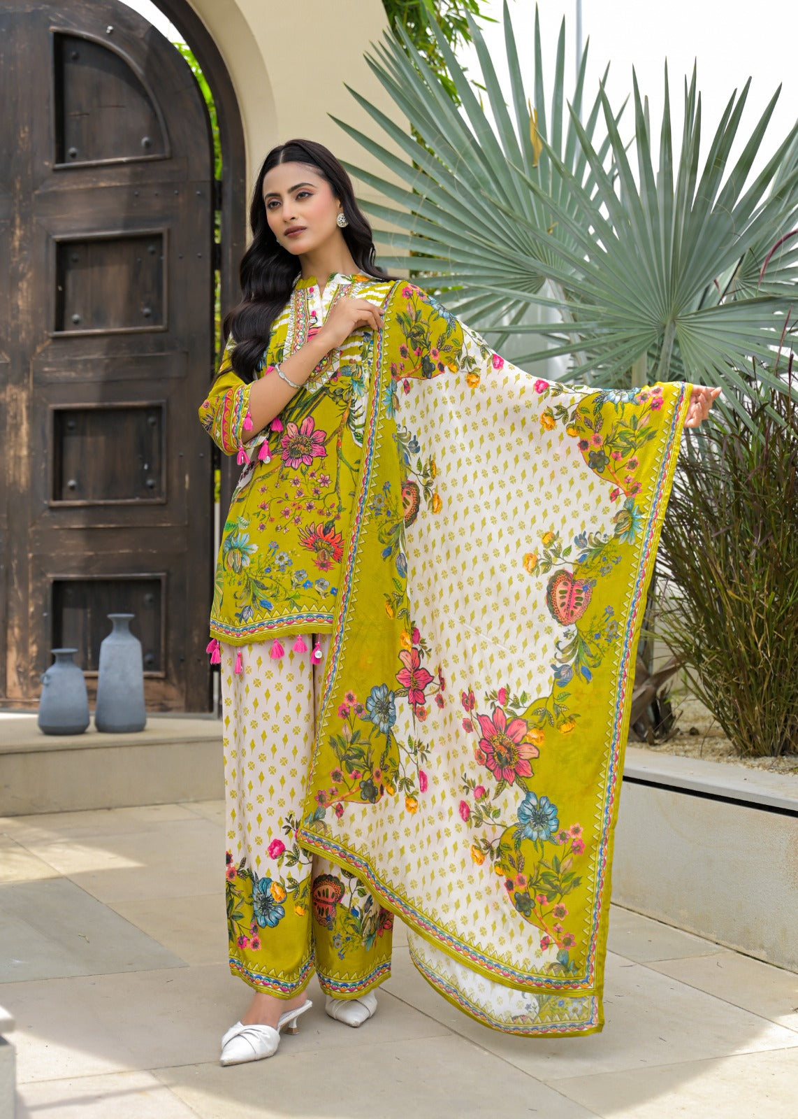 Designer Green Floral Print Kurta with White Wide-Leg Palazzo Pants and Chinnon Dupatta-12219