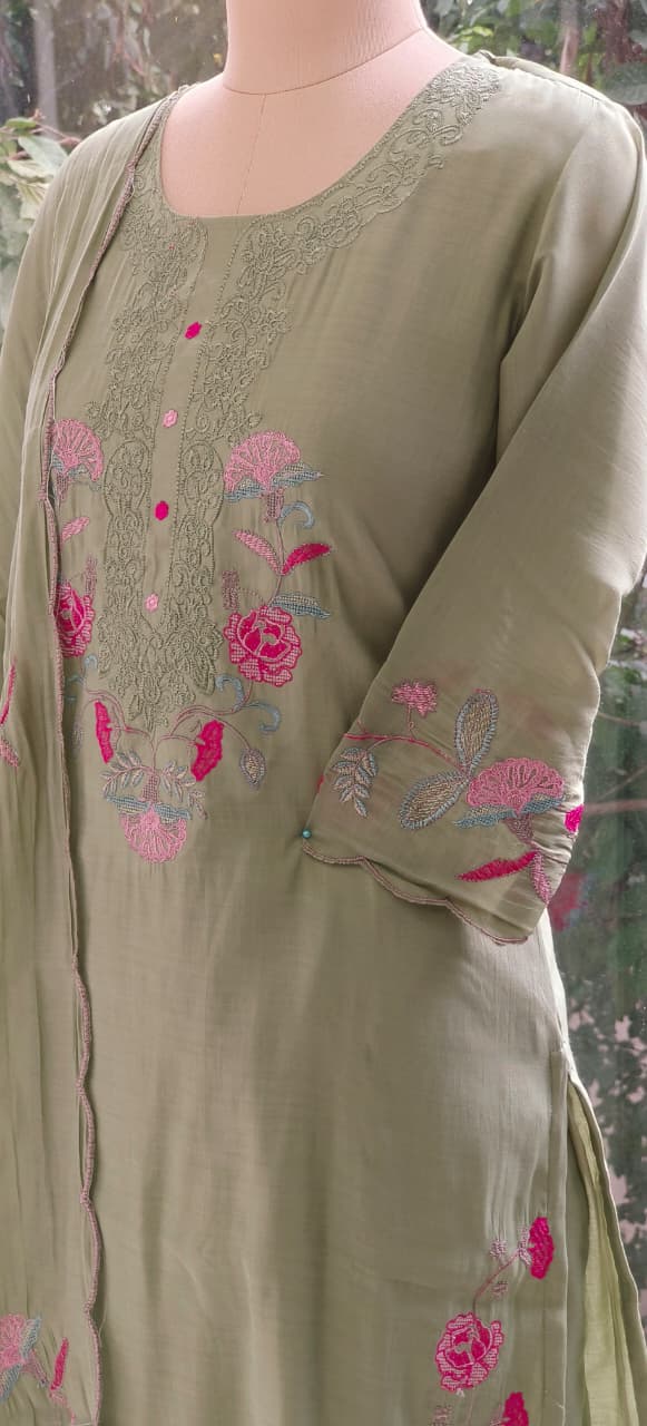 Surat Mulchanderi  Suit Set with Front Thread Embroidery, Floral Scallop Dupatta & Matching Bottom-12339,12338,12337