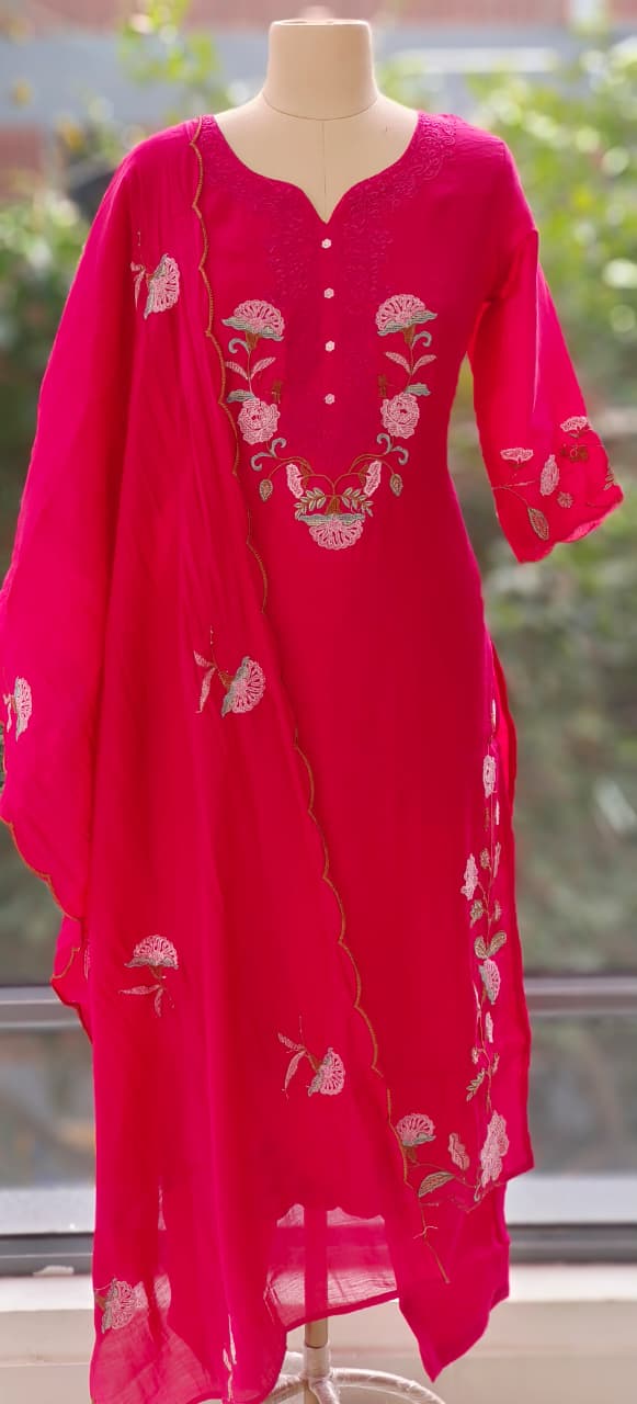 Surat Mulchanderi  Suit Set with Front Thread Embroidery, Floral Scallop Dupatta & Matching Bottom-12339,12338,12337