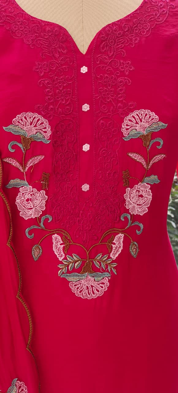 Surat Mulchanderi  Suit Set with Front Thread Embroidery, Floral Scallop Dupatta & Matching Bottom-12339,12338,12337