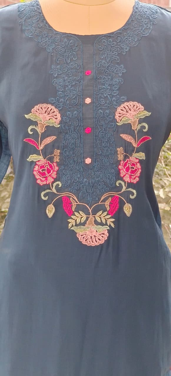 Surat Mulchanderi  Suit Set with Front Thread Embroidery, Floral Scallop Dupatta & Matching Bottom-12339,12338,12337