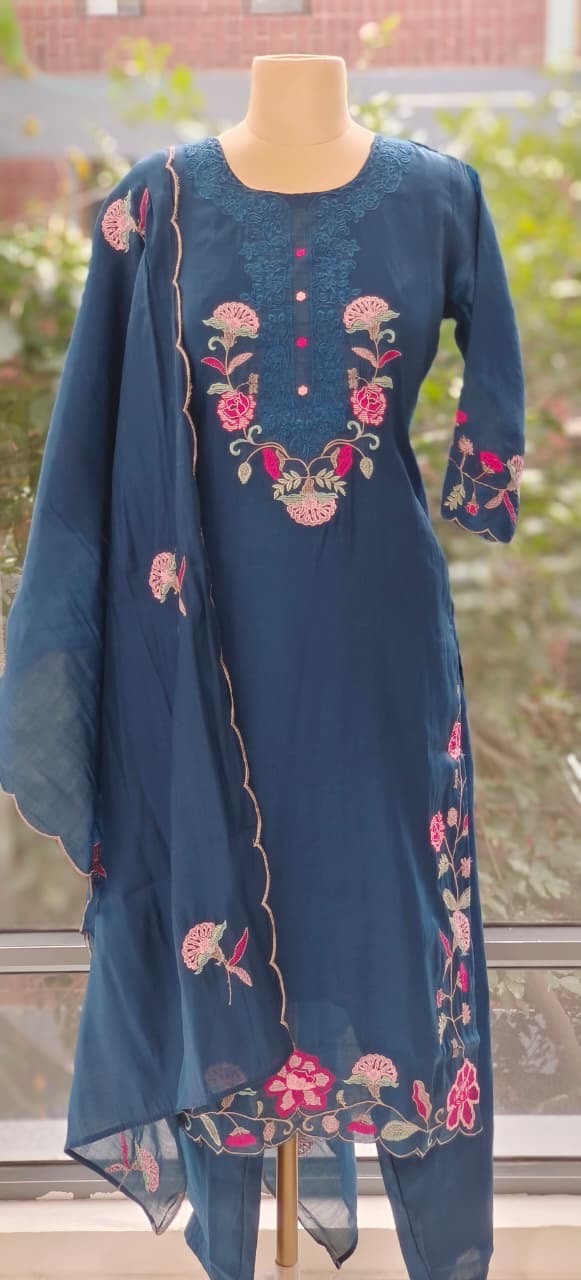 Surat Mulchanderi  Suit Set with Front Thread Embroidery, Floral Scallop Dupatta & Matching Bottom-12339,12338,12337