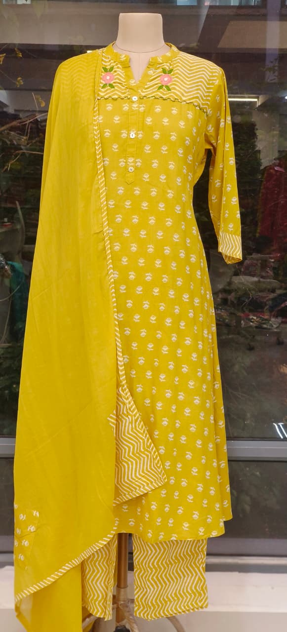 Pure A Line Cotton Printed Embroidered Kurta Set in  with Dupatta-12284,12285