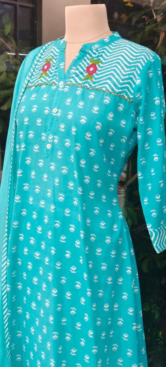 Pure A Line Cotton Printed Embroidered Kurta Set in  with Dupatta-12284,12285