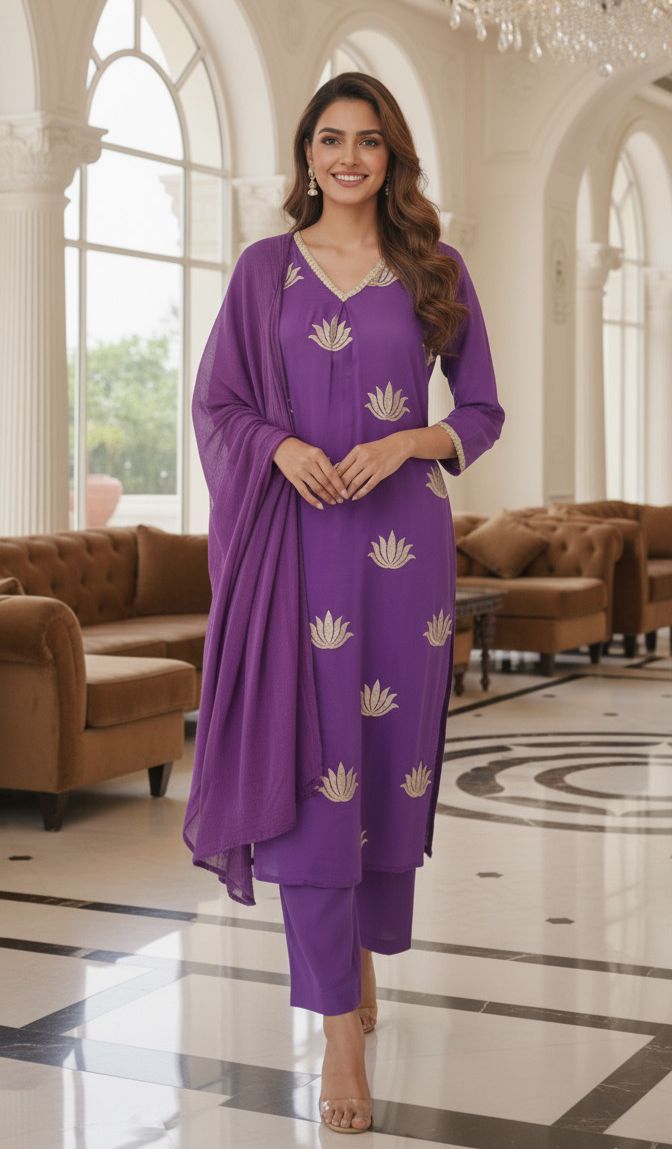 Premium Mall Cotton Kurta Pant Set with Intricate Embroidery and Matching Kota Doria Dupatta-12332,1233