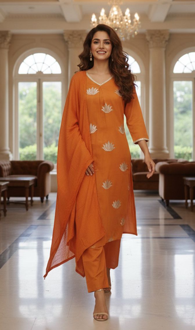 Premium Mall Cotton Kurta Pant Set with Intricate Embroidery and Matching Kota Doria Dupatta-12332,1233