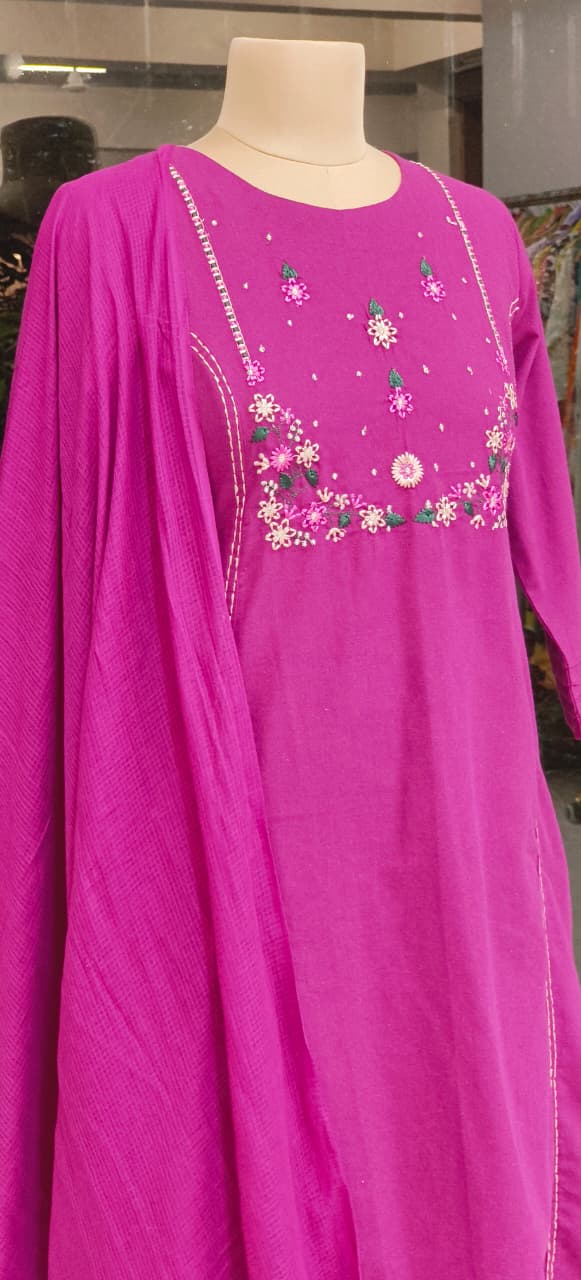 Pure Handloom Cotton Straight Kurta Set with Delicate Thread Embroidery & Matching Dupatta And Bottom-12211,12330
