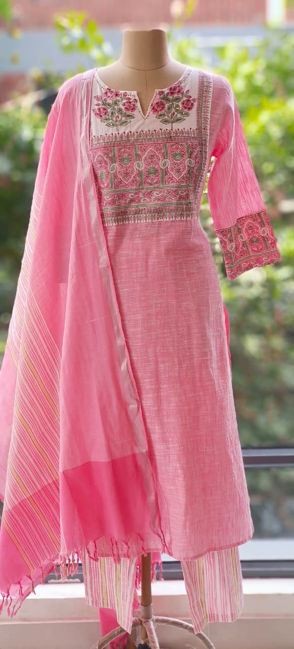 Beautiful Light Shade Block Print Yoke Premium Handloom Cotton Kurta Pant Dupatta Set with Dupatta-12287,12288